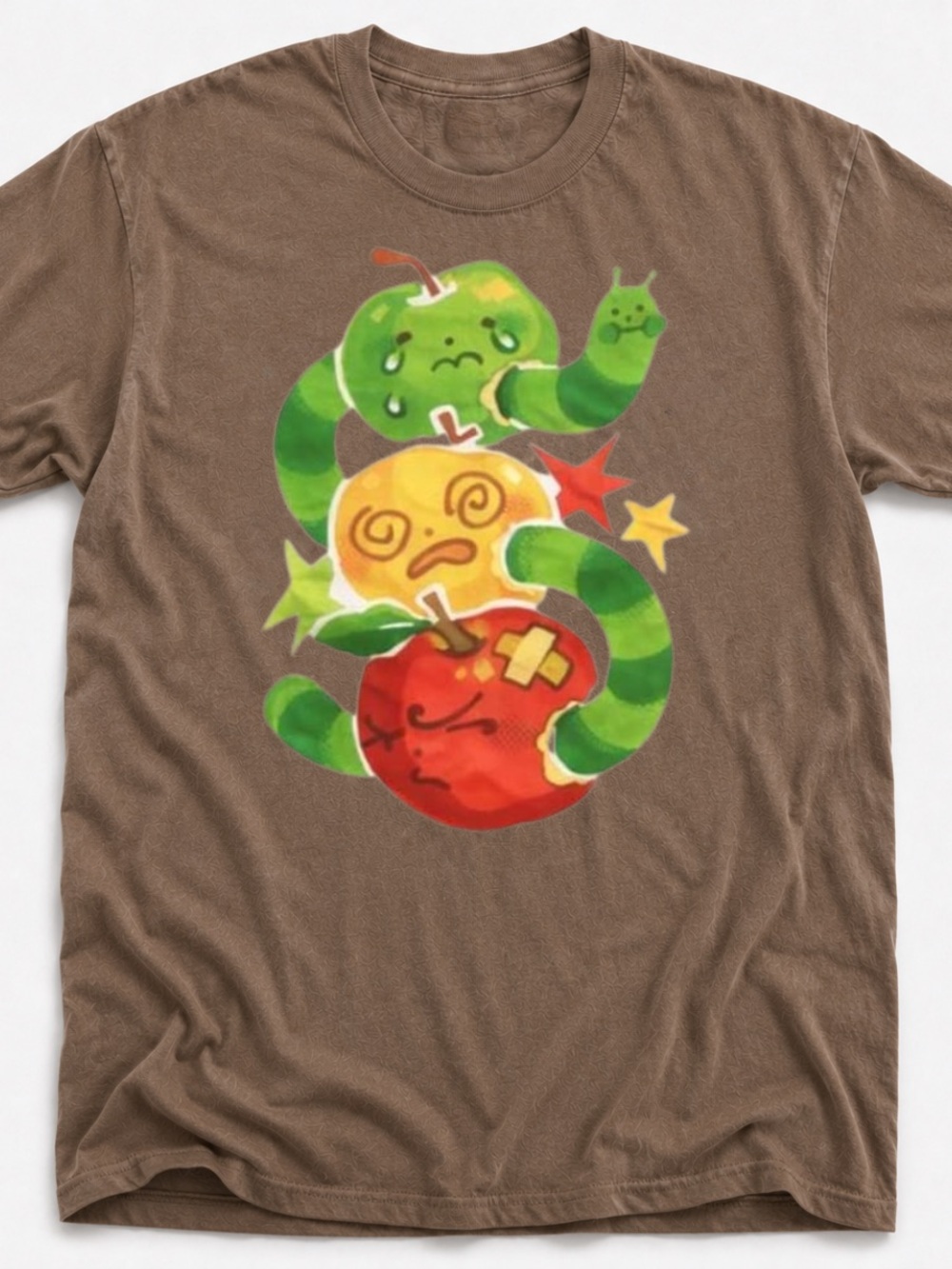 Gildan Brown Tee with Green Worm and Red, Yellow Apples Graphic